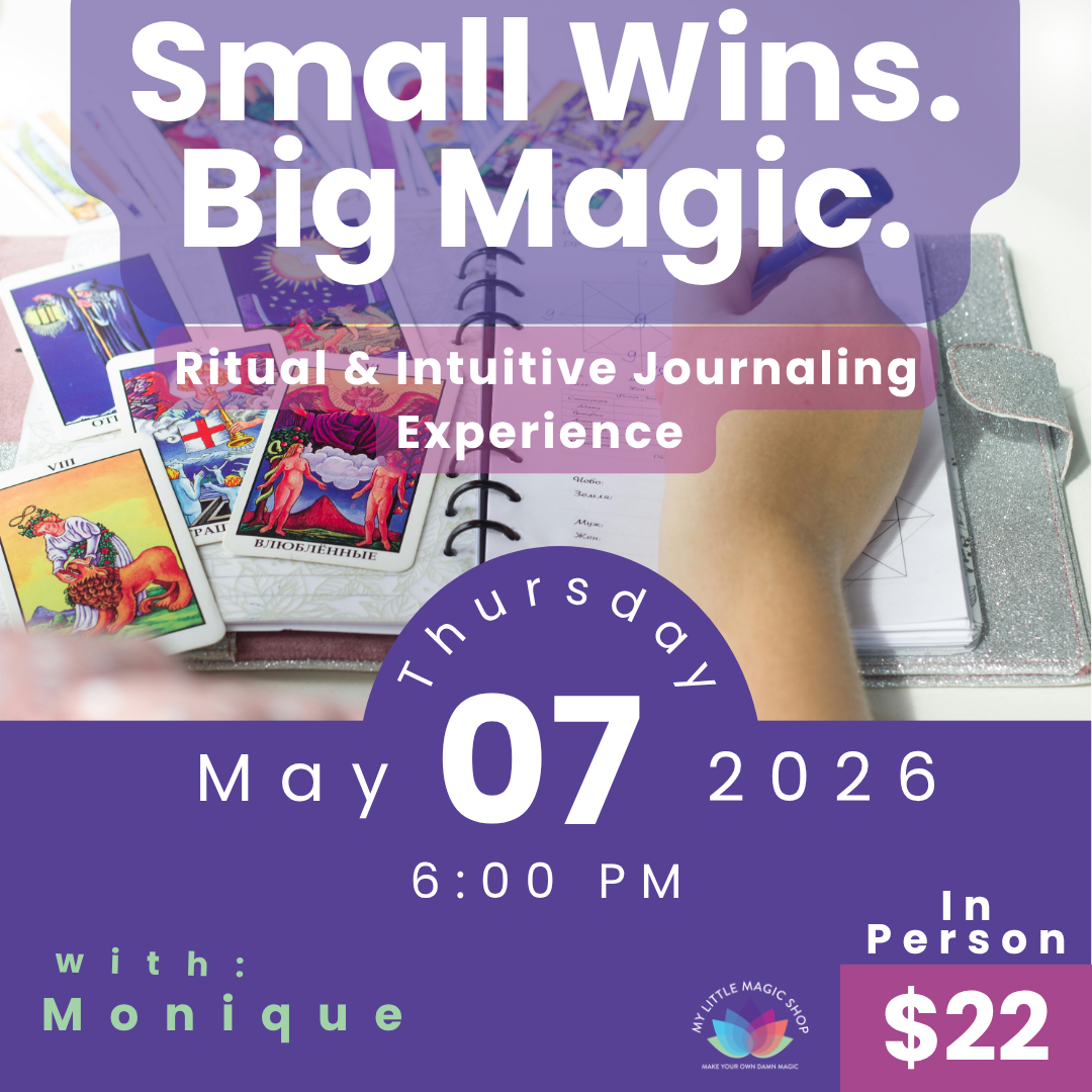 Promotional flyer for a ritual and intuitive journaling experience with tarot cards and a notebook.