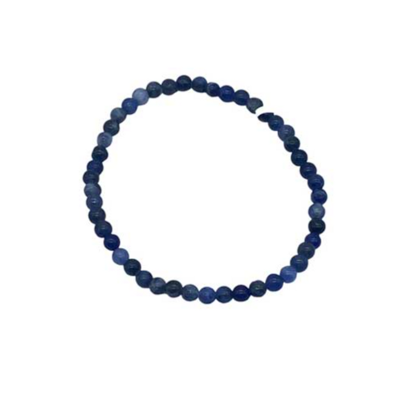 Blue beaded bracelet on a white background. Sodalite 4mm Gemstone Bead Bracelet with natural blue beads for intuition, clarity, and truth.
