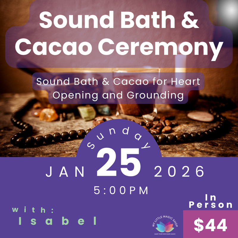 Promotional flyer for a Sound Bath & Cacao Ceremony event with text and imagery of stones and candles.