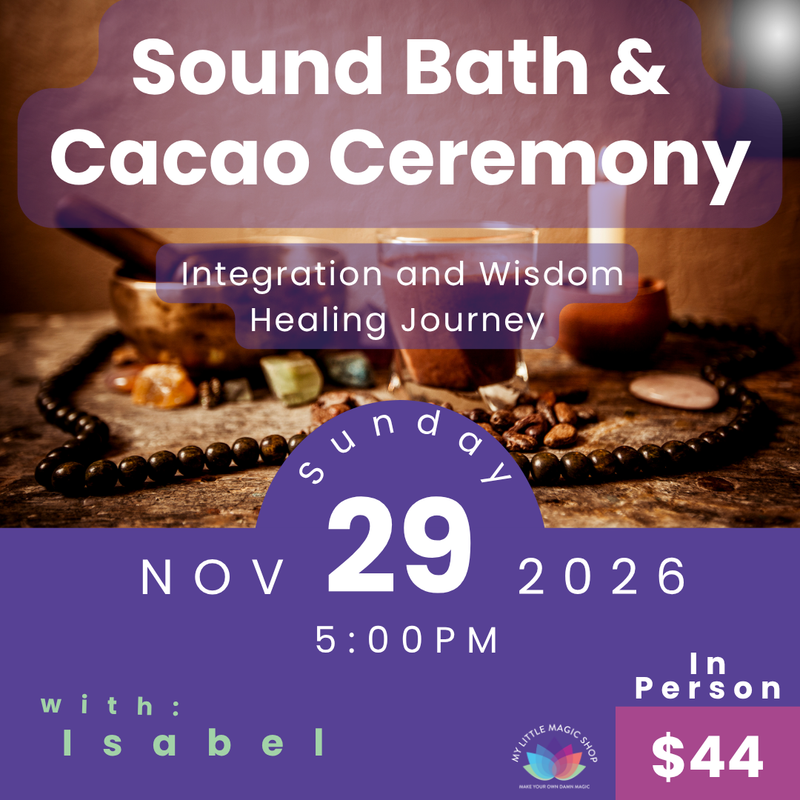 Promotional flyer for a Sound Bath & Cacao Ceremony event with details and branding.