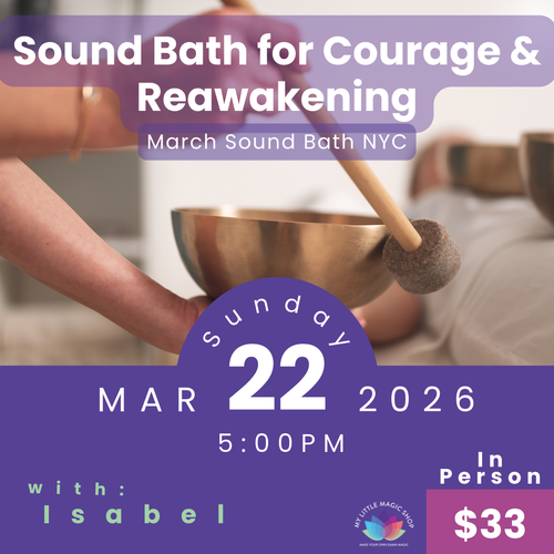 Promotional flyer for a sound bath event with a person holding a singing bowl.