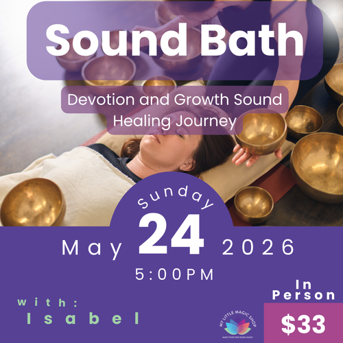 Promotional flyer for a Sound Bath event with people holding singing bowls, featuring text about the event details.