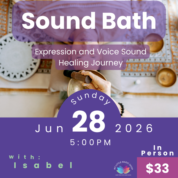 Promotional flyer for a sound bath event with text and a blurred background of people and instruments.