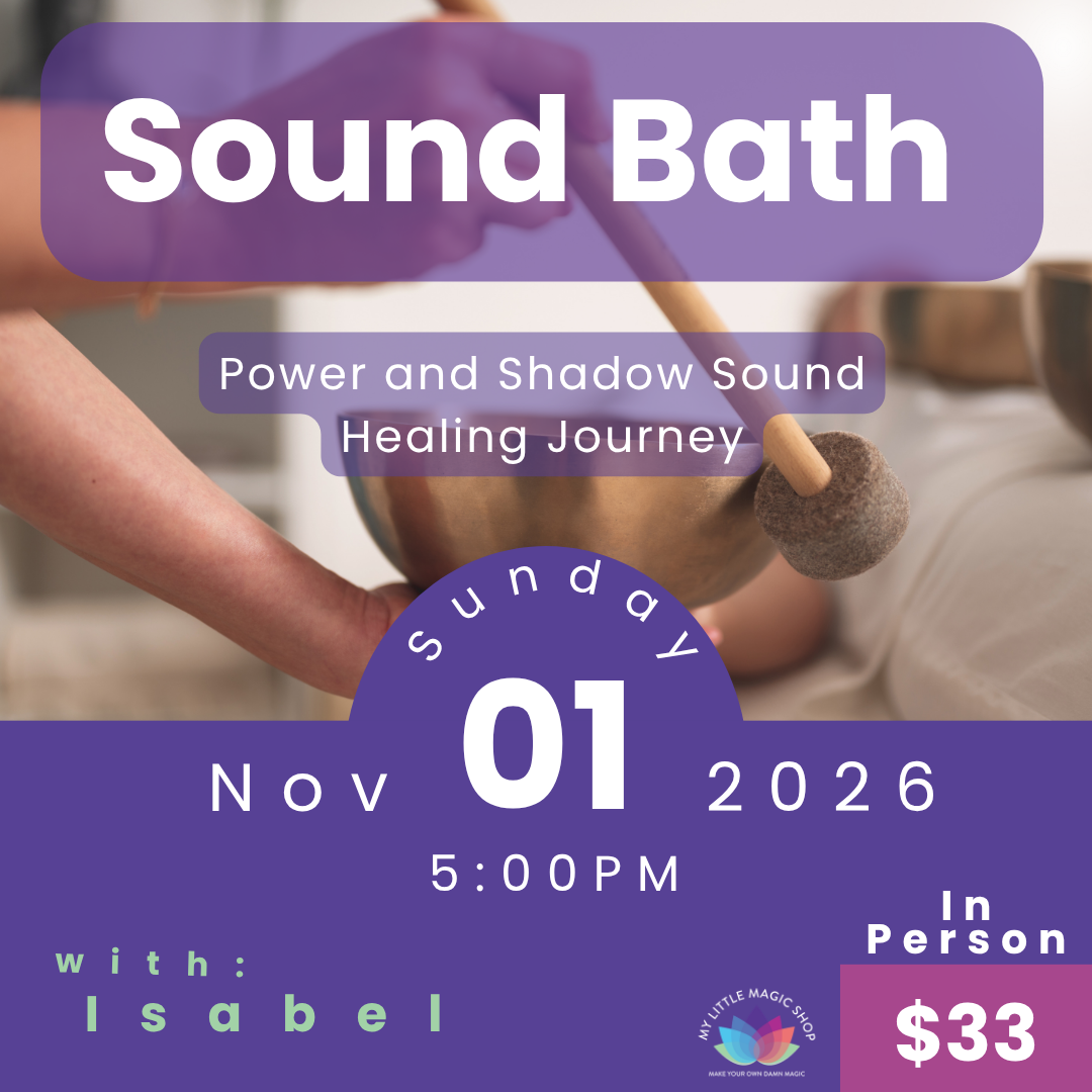 Promotional graphic for a sound bath event titled 'Sound Bath' with the subtitle 'Power and Shadow Sound Healing Journey.' The design features a purple background with white text, a date of Sunday, Nov 01 2026, time 5:00 PM, and price $33.