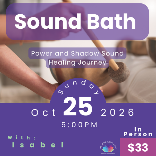 Promotional flyer for a sound bath event with text and a blurred background of people.