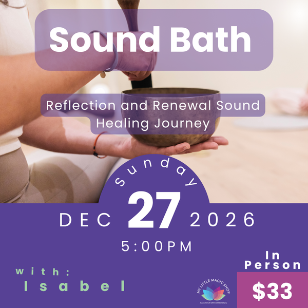 Promotional flyer for a sound bath event with a person holding a bowl, set against a white background.