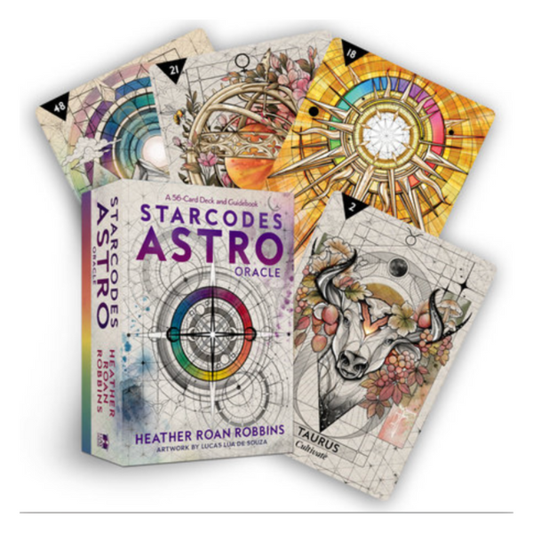 Starcodes Astro Pocket Oracle deck by Heather Roan Robbins with bold astrology illustrations in a compact travel-size box