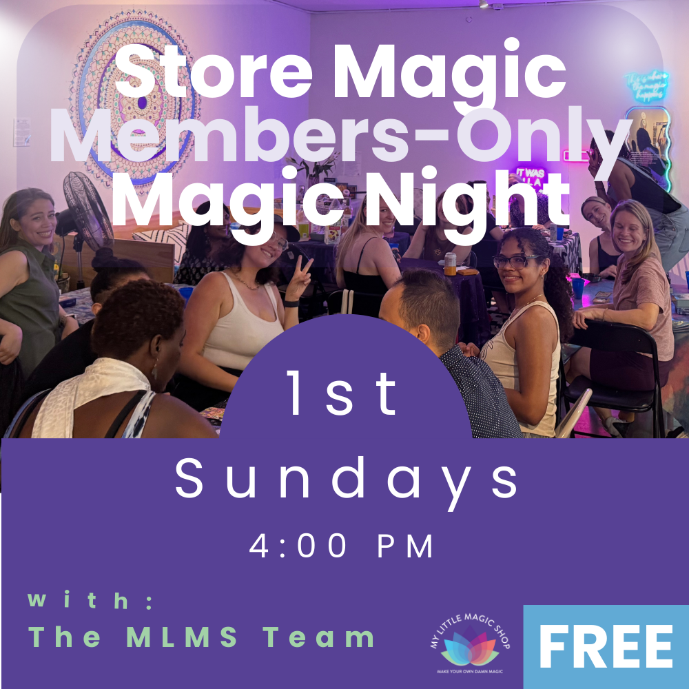 Promotional poster for a members-only magic night event with people in a room.