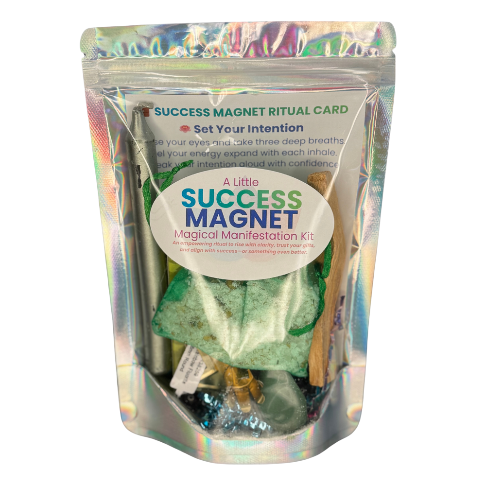 Success Magnet Kit with green candle, Palo Santo, Aventurine crystal, and prosperity bracelet on a white background.