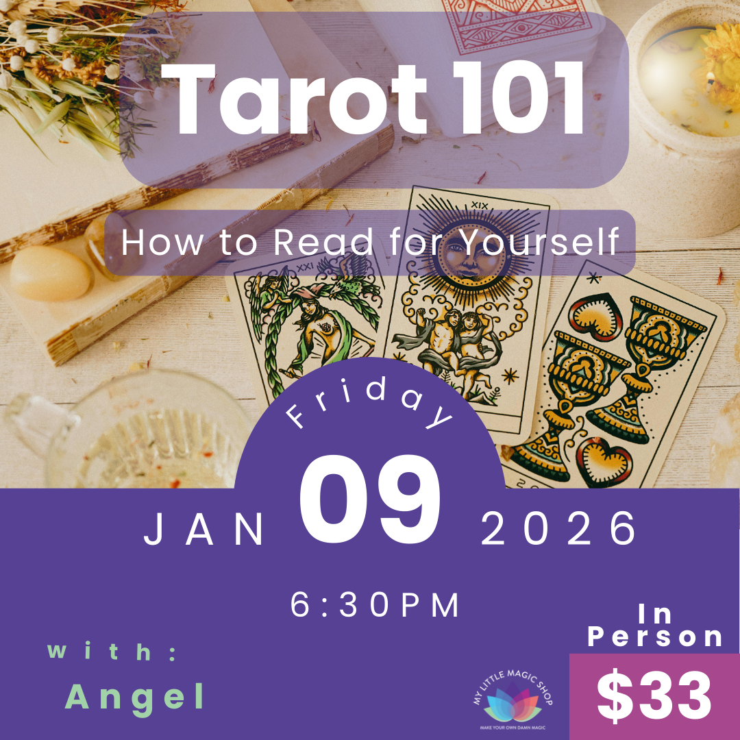Promotional flyer for a Tarot reading class with tarot cards, candles, and other props on a wooden surface.