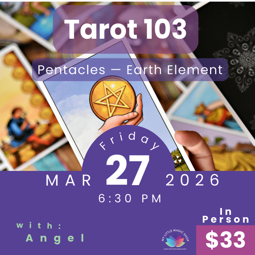 Promotional flyer for a tarot reading event with a tarot card and event details.