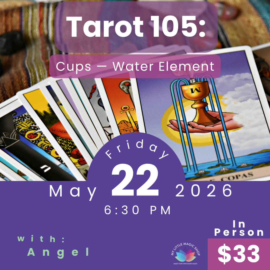 Promotional flyer for a Tarot reading event with tarot cards displayed.