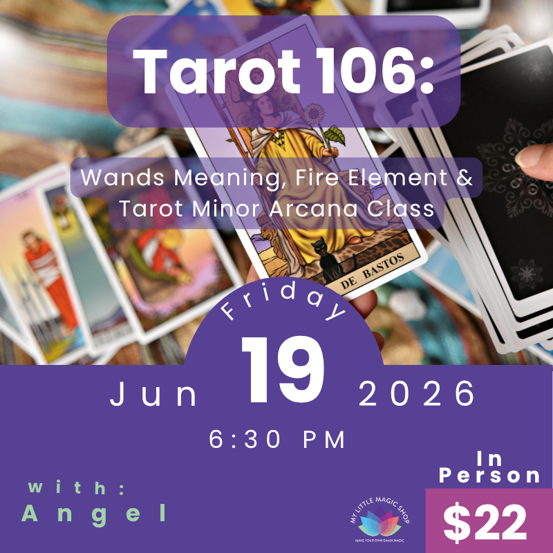 Promotional flyer for a Tarot class with tarot cards and event details.