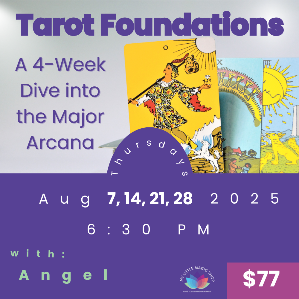 Angel teaching tarot during a class at My Little Magic Shop in NYC, surrounded by decks and students learning the Major Arcana.