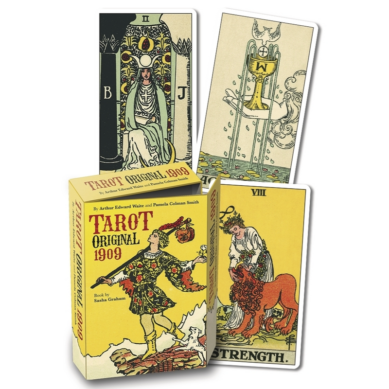 Tarot Original 1909 Kit with restored 78-card deck and guidebook, inspired by Pamela Colman Smith’s classic illustrations.