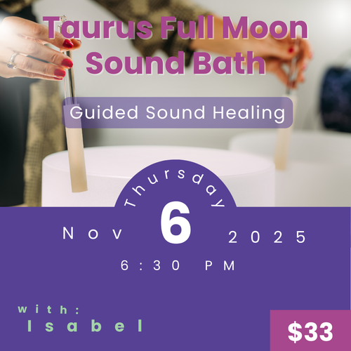 Isabel Varela leading a Taurus Full Moon Sound Bath with crystal bowls and vibrational instruments at My Little Magic Shop in NYC.
