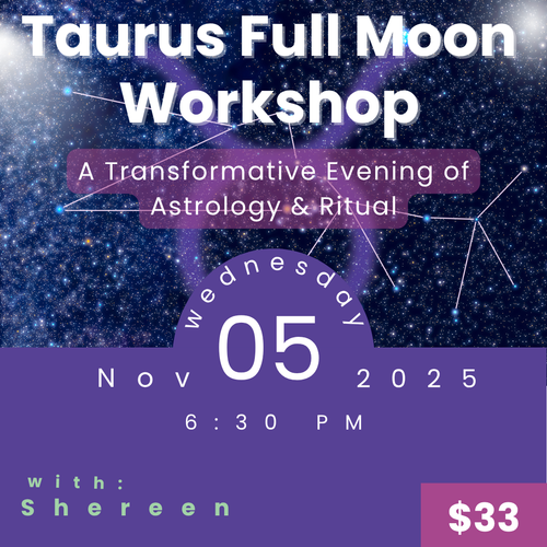 Astrologer Shereen Campbell guiding participants through a Taurus Full Moon astrology and ritual workshop at My Little Magic Shop in NYC.