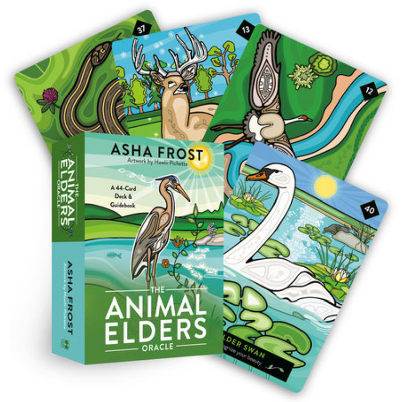 The Animal Elders Oracle by Asha Frost, oracle deck with illustrated animal spirit cards and guidebook for wisdom and healing.