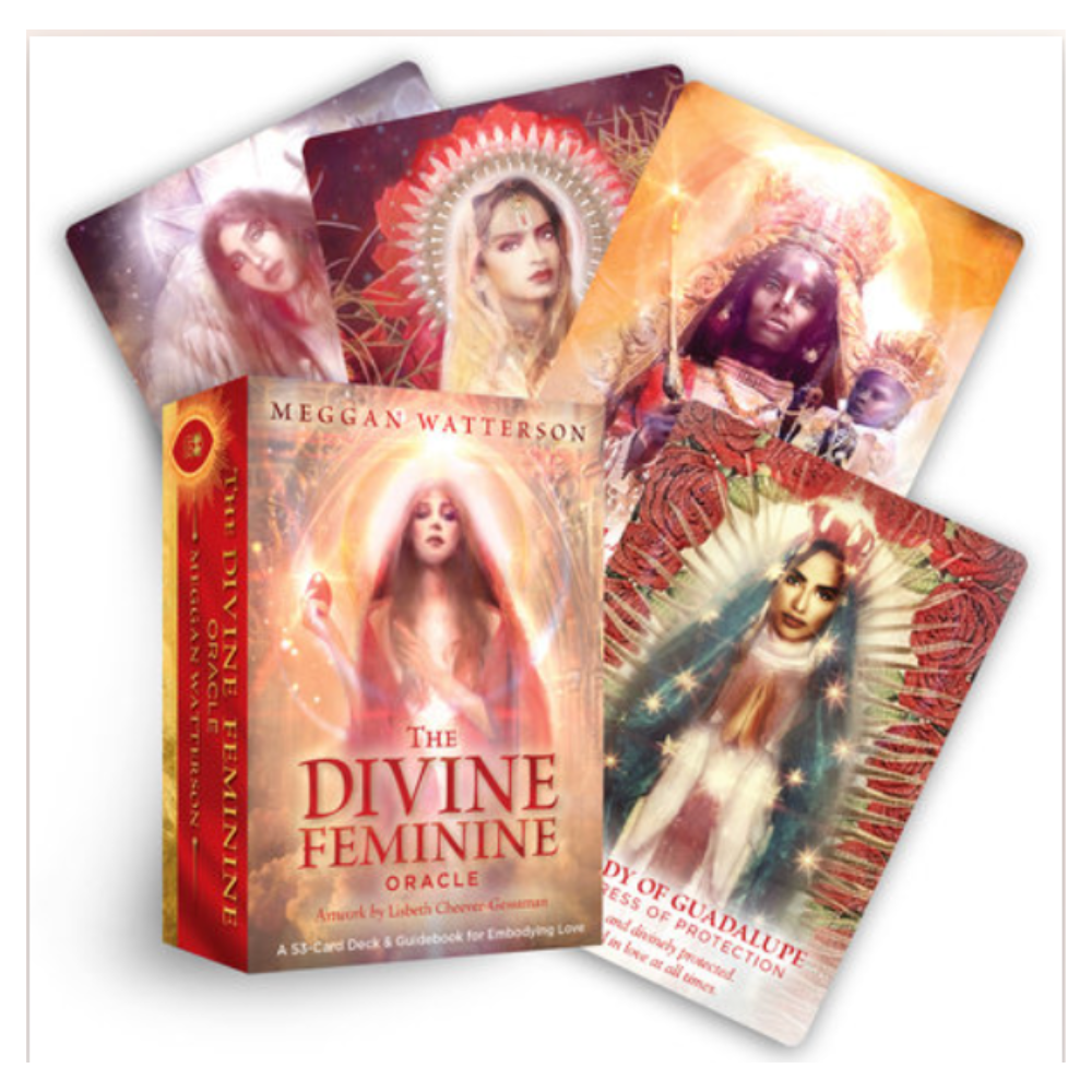 The Divine Feminine Oracle by Meggan Watterson featuring 53 oracle cards of goddesses, saints, and mystics with radiant, empowering artwork