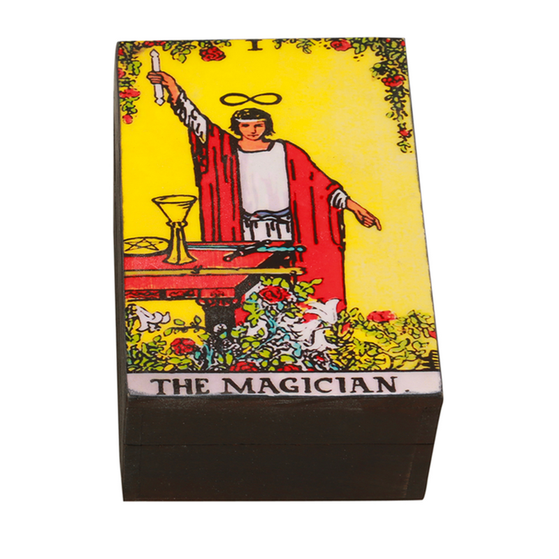 Tarot deck box featuring classic Magician card design, closed lid