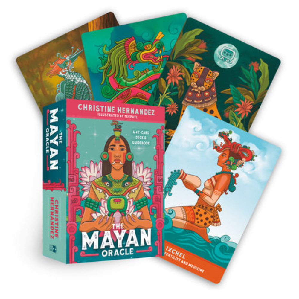 The Mayan Oracle deck box and illustrated cards