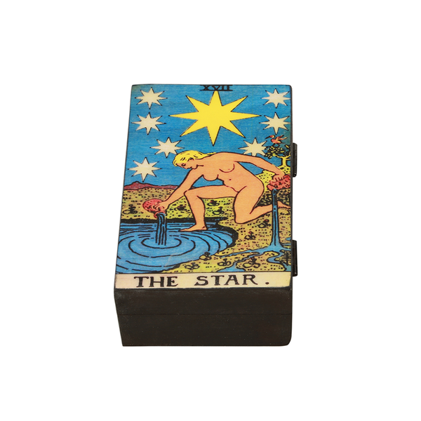 Wooden Tarot card box with The Star artwork on lid
