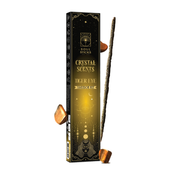 Tiger Eye Crystal Scents Smudge Kit with crystal, herbs, and ritual tools for energy cleansing and protection.