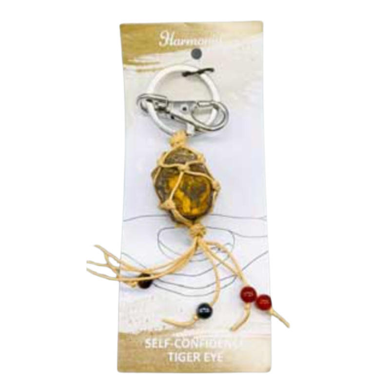 Tiger Eye with Tassels and Beads Keychain featuring genuine crystal, tassels, and beads for courage, focus, and protection.