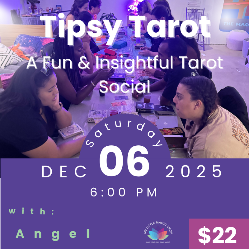  Participants laughing and sharing tarot readings during Tipsy Tarot with Angel at My Little Magic Shop in NYC.
