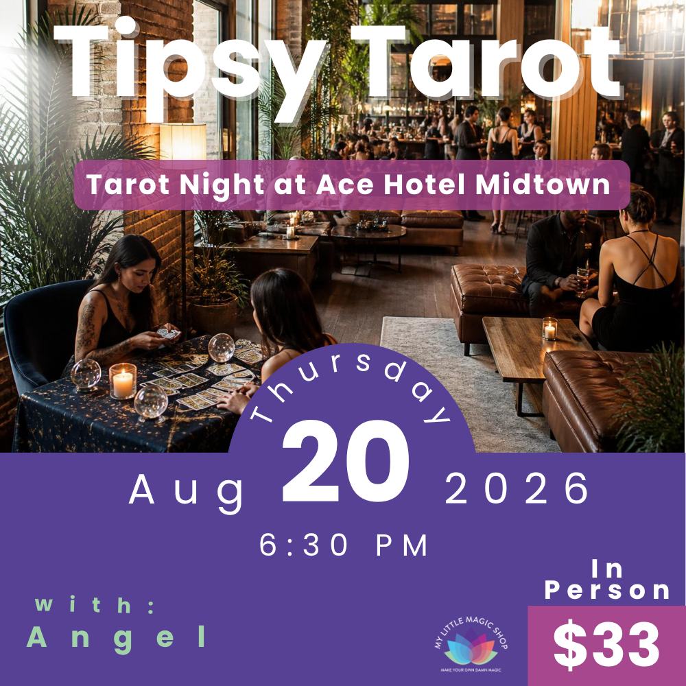 Promotional flyer for 'Tipsy Tarot' tarot night at Ace Hotel Midtown, dated Saturday, Aug 20 2026 at 6:30 PM, with a price of $33. The flyer features a background photo of people playing tarot in a dimly lit lounge, with prominent purple text banners and a purple footer.