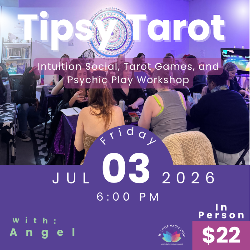 Promotional flyer for a Tarot workshop with event details on a purple background