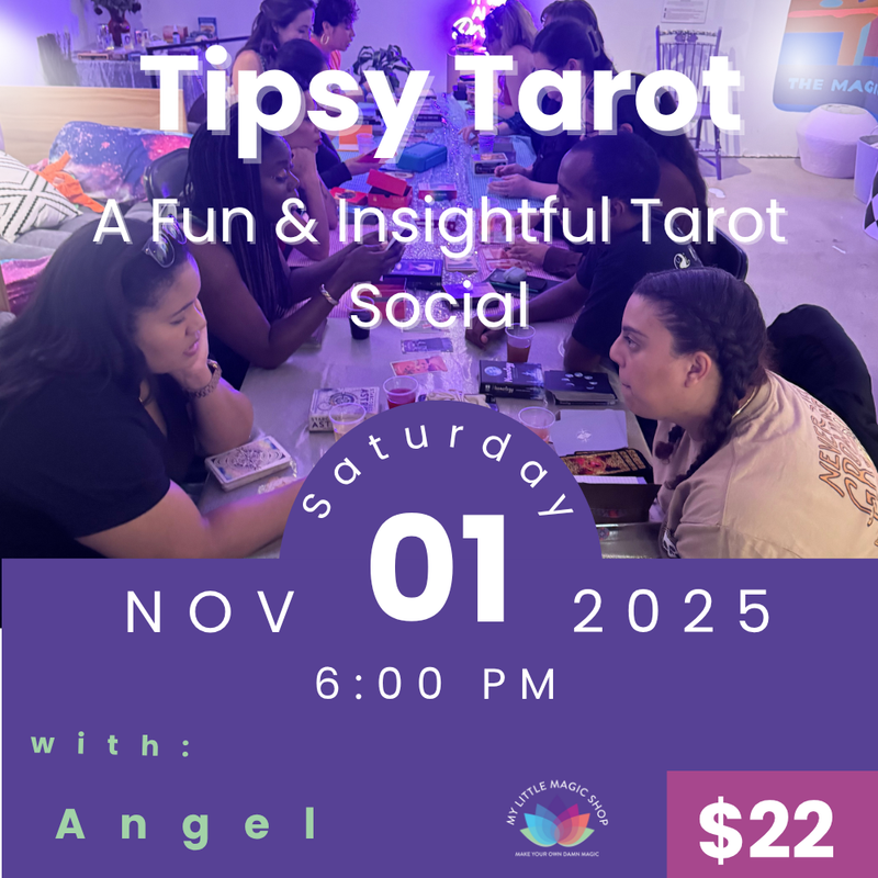Guests in cozy costumes laughing and sharing tarot readings during Tipsy Tarot with Angel at My Little Magic Shop in NYC.