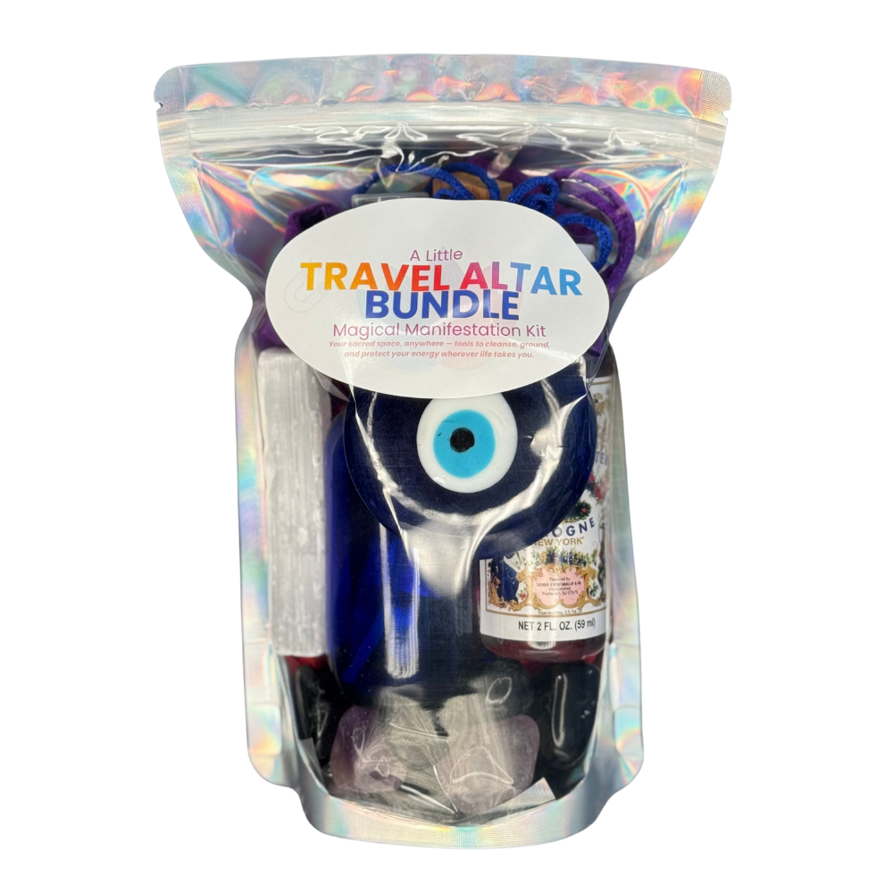 Travel Sacred Space Kit with altar cloth, Florida Water, Palo Santo, crystals, black salt, and protective charm laid out on a white background.