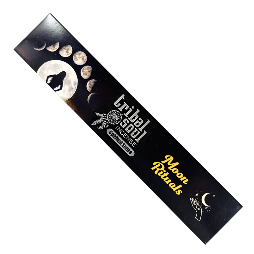 Box of Tribal Soul Moon Rituals incense sticks, 15 g, with a milky white-bagged pack inside; perfect for new & full moon ceremonies, meditation, and sacred space creation.