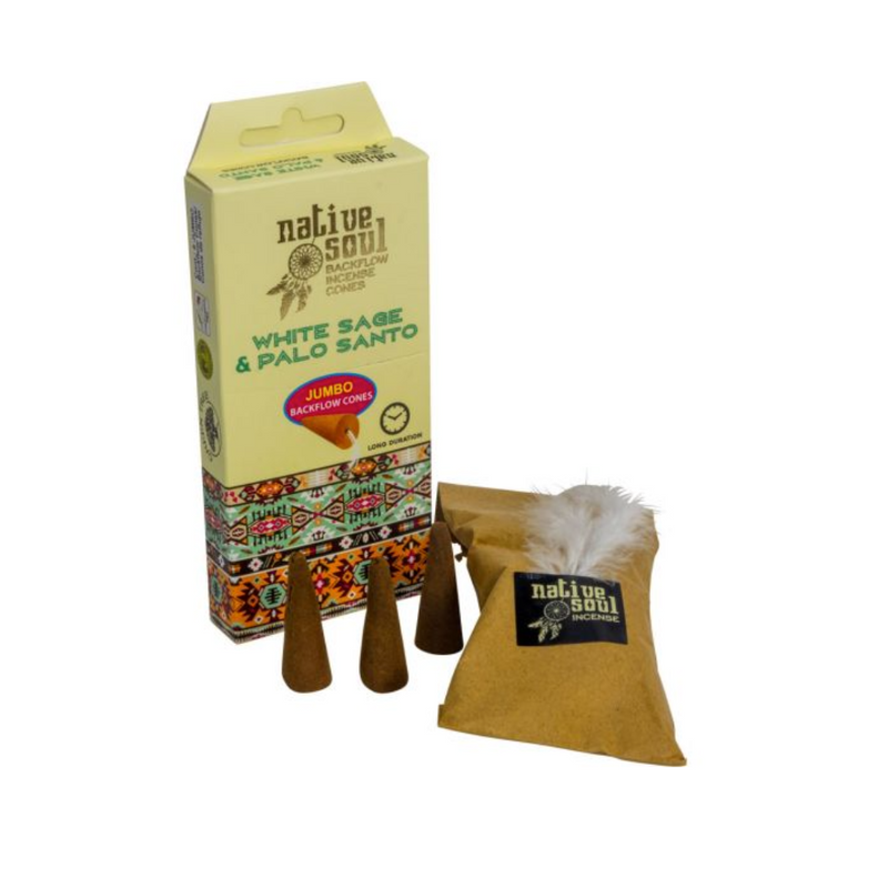 Native Soul White Sage & Palo Santo packaging with incense sticks and pouch on a white background  packaging and cones displayed for cleansing and meditation rituals.