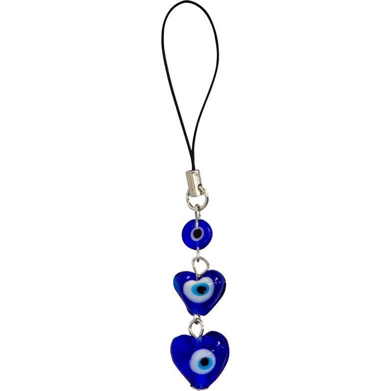 A cell holder with a triple heart design, featuring blue eyes in aEvil Eye Talisman Cell Holder. Triple Heart Evil Eye Talisman Cell Holder with blue glass design, combining hearts and Evil Eye for protection, love, and harmony..