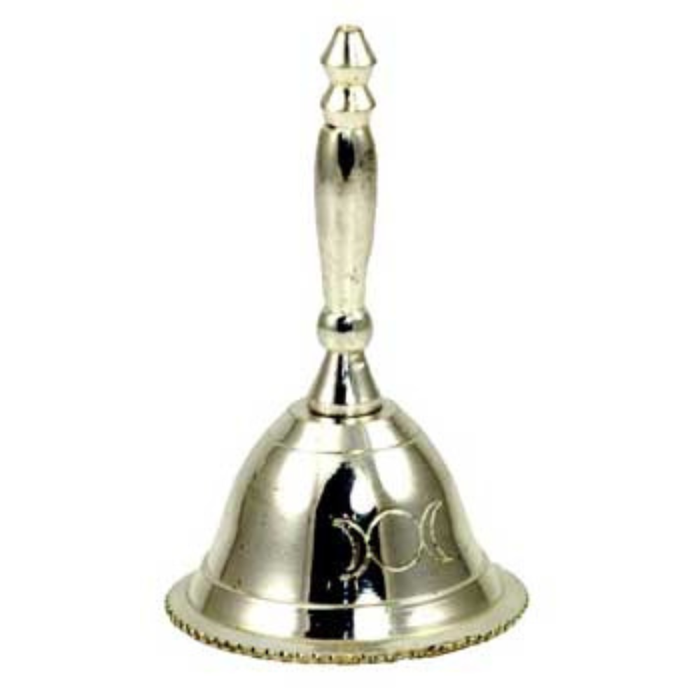 Polished metal altar bell with beaded base and Triple Moon design