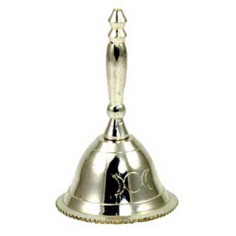 Polished metal altar bell with beaded base and Triple Moon design