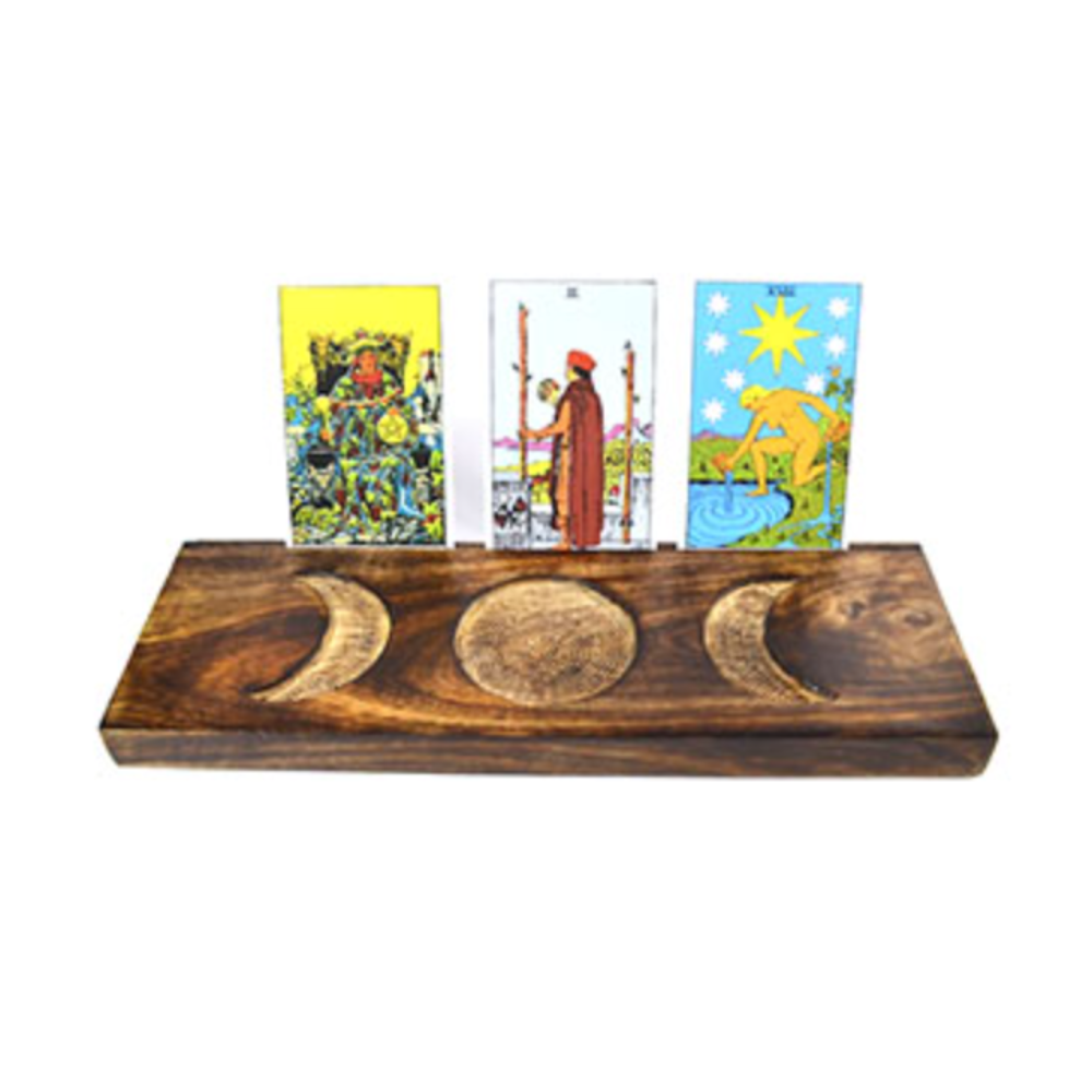 Triple Moon Card Holder – wooden altar display for tarot, oracle, and affirmation cards