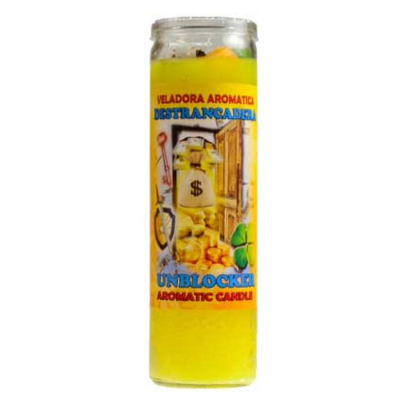 Yellow Unblocker ritual candle with spiritual artwork