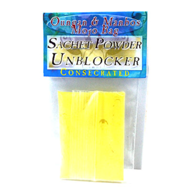 Yellow sachet powder unblocker in a clear package with blue and white label on a white background