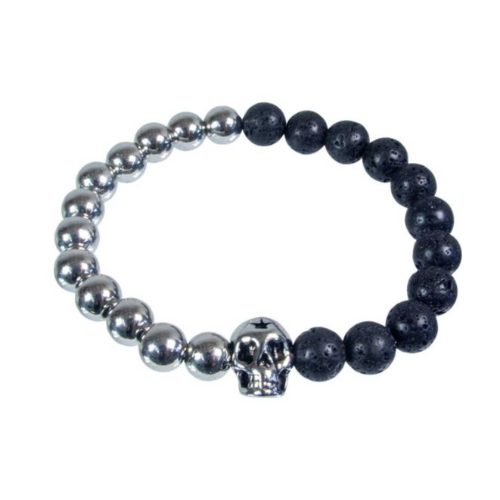 Brass & Lava Skull 8mm Bead Bracelet featuring grounding lava stones and a symbolic brass skull charm.