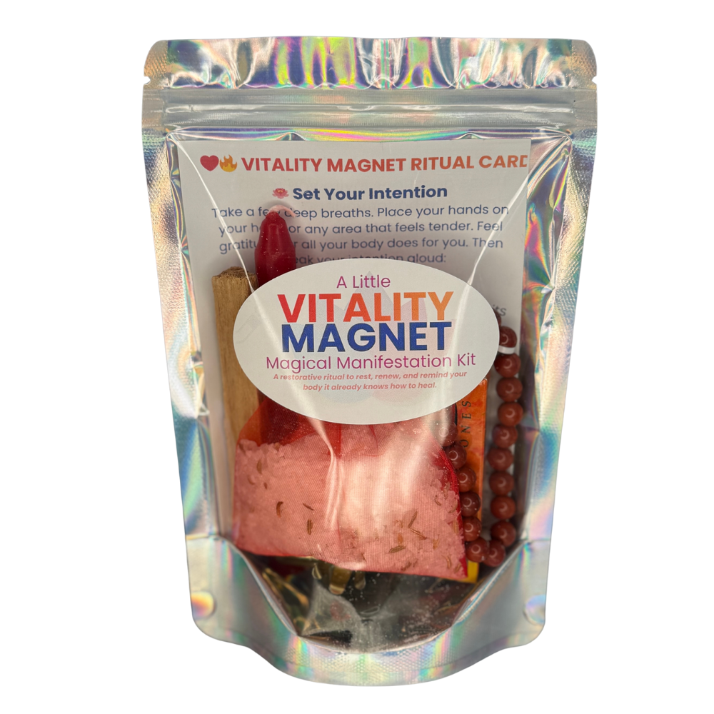 Vitality Magnet Kit with red candle, Palo Santo, Bloodstone, and Red Jasper bracelet displayed on a white background.