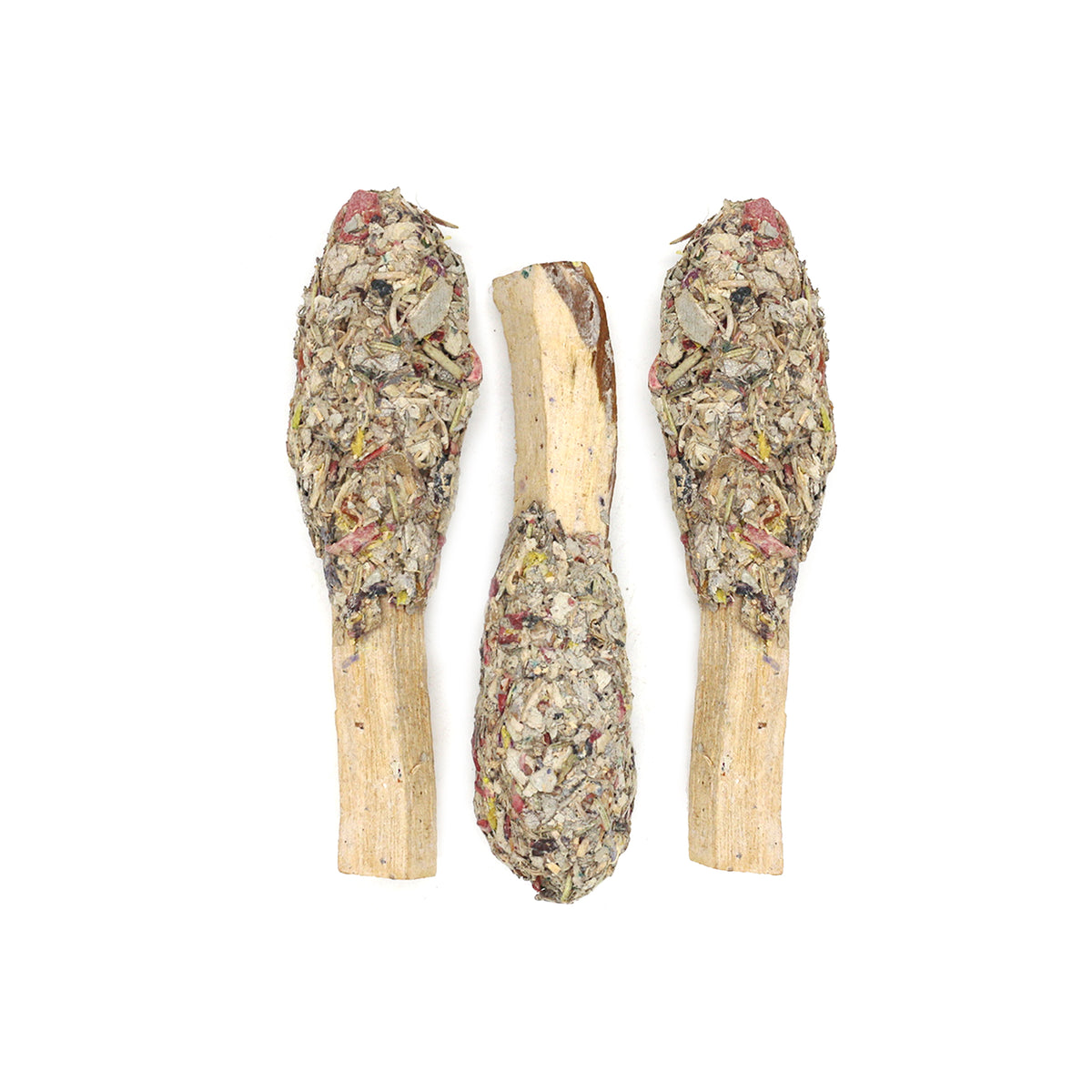 Three sticks of White Sage and Palo Santo incense, with the Palo Santo sticks on each end and a shorter sage stick in the center, all against a white background.