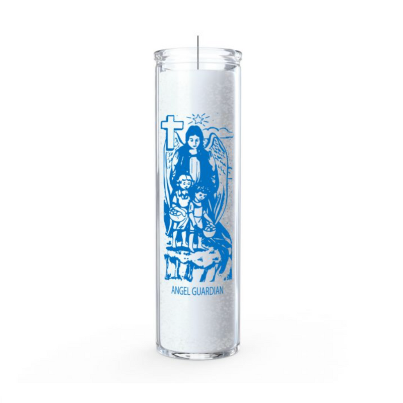 White Guardian Angel 7 Day Candle with blue angelic artwork in glass container