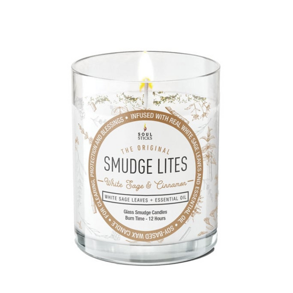 White Sage & Cinnamon Smudge Cleansing Candle by Smudge Lites – ritual candle for energy clearing, protection, and grounding warmth.
