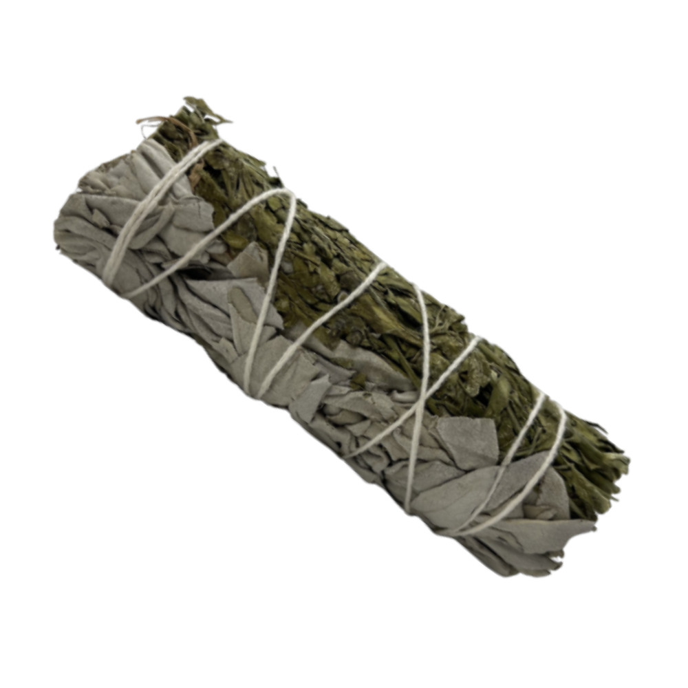 Protect and purify with the 4" White Sage & Rue Smudge Stick. A powerful bundle for energy cleansing, spiritual defense, and breaking through negativity.