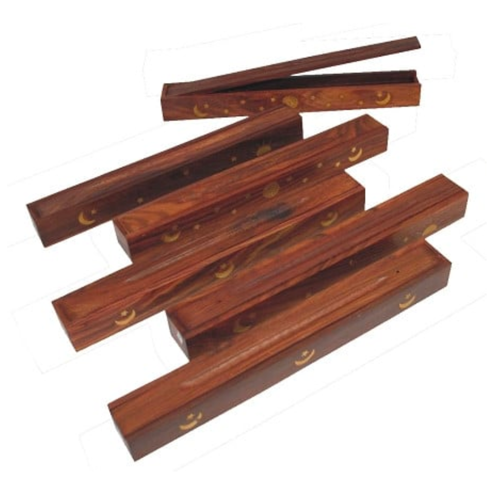 Wooden incense storage box with celestial moon and star inlay, open lid
