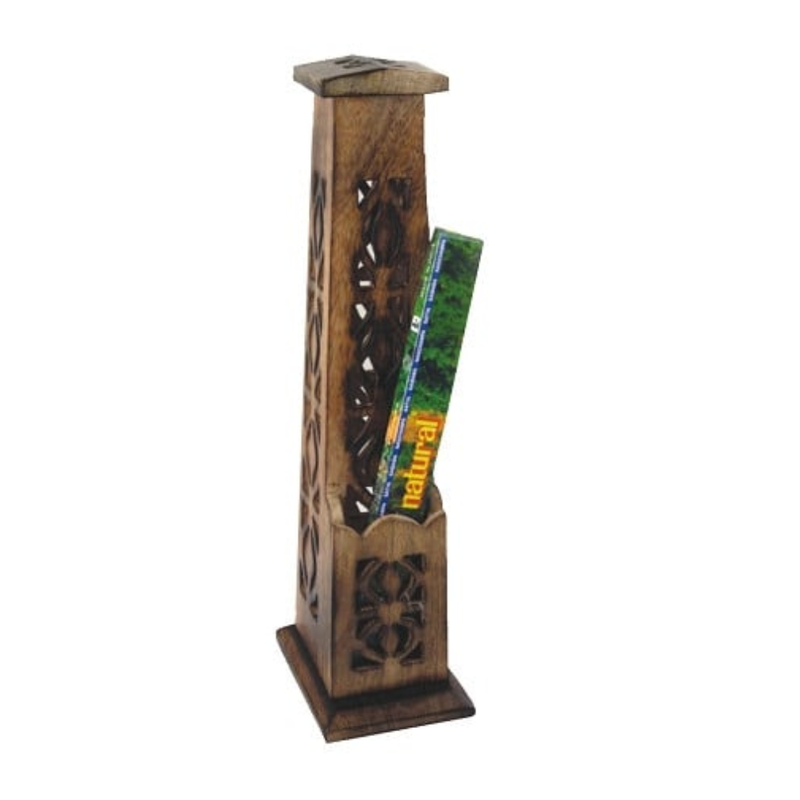 Tall wooden incense tower burner with storage compartment