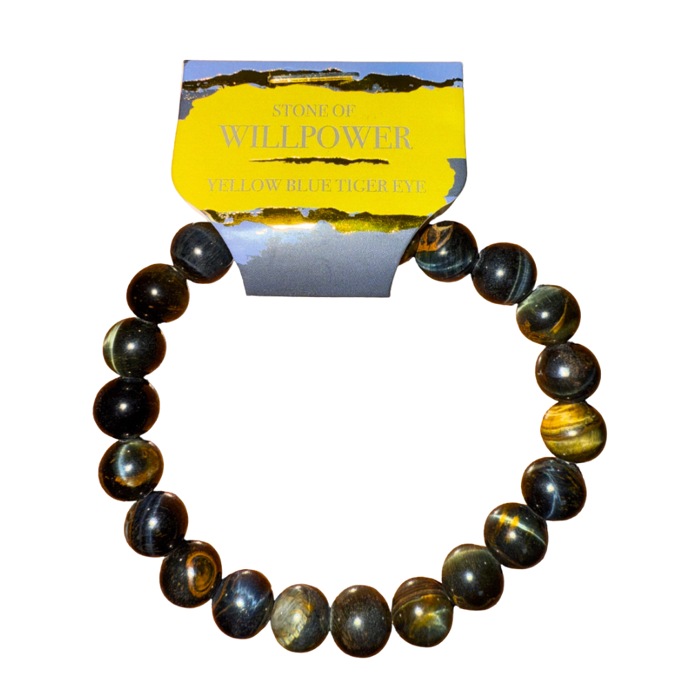 Beaded bracelet with 'Stone of Willpower' packaging on a white background; natural crystal bracelet for courage, balance, and protection